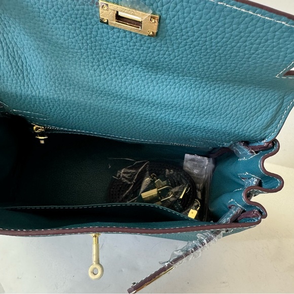 Teal Colbalt Bleu Jean 25 Leather Belted KL Bag w/ Gold HW Crossbody Satchel B13 - Picture 10 of 13